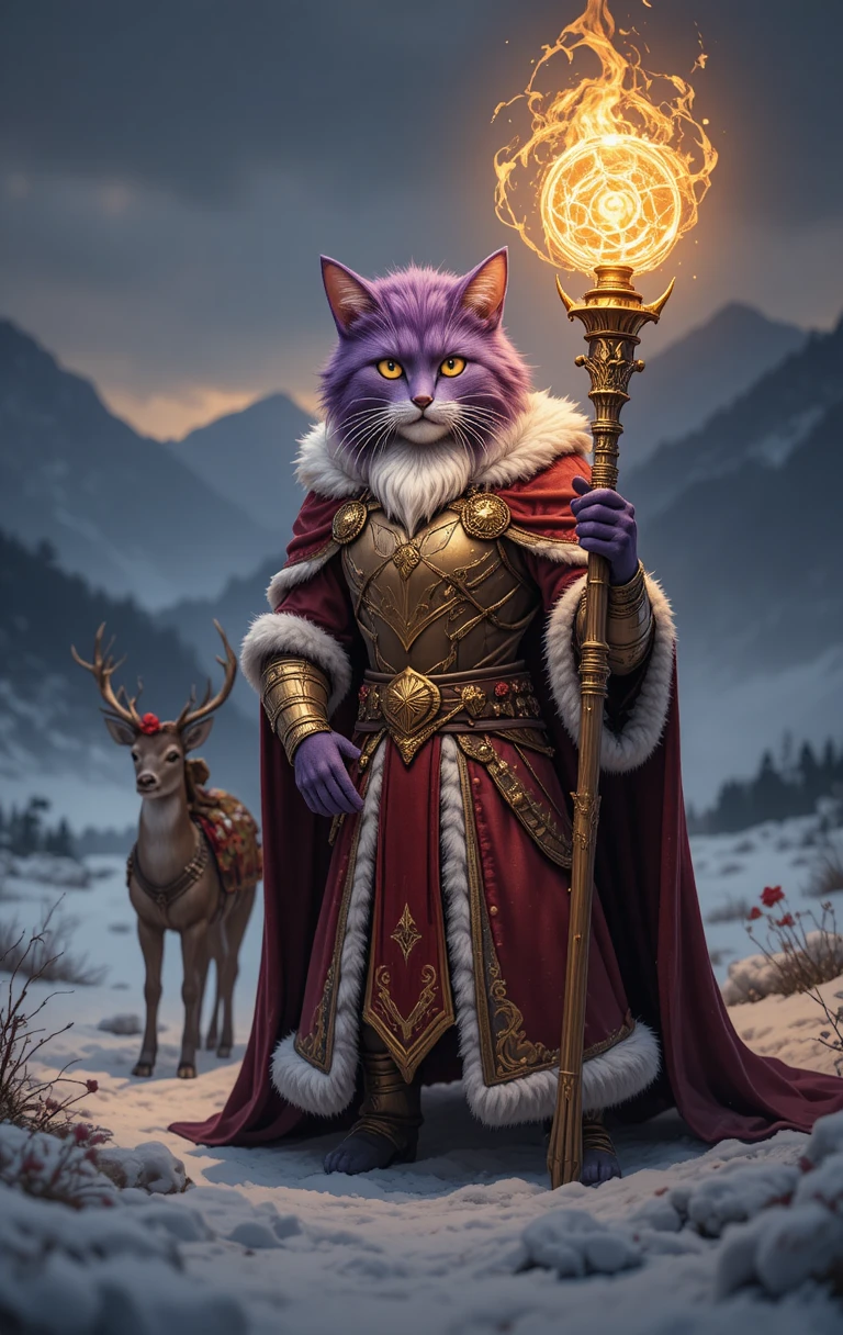 Mago felino con armadura púrpura en un paisaje de fantasía nevado