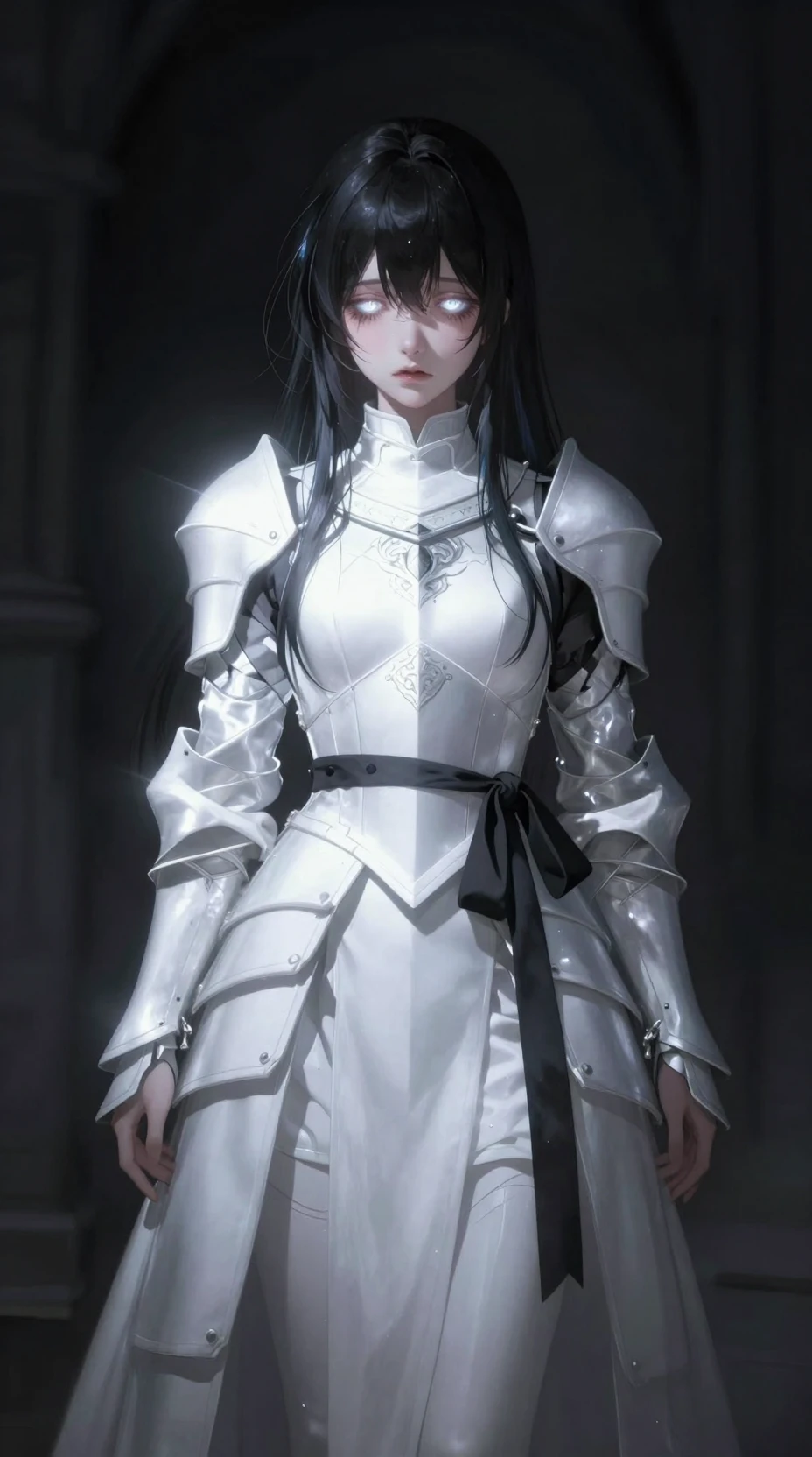 Chica de anime triste con armadura blanca y ojos brillantes
