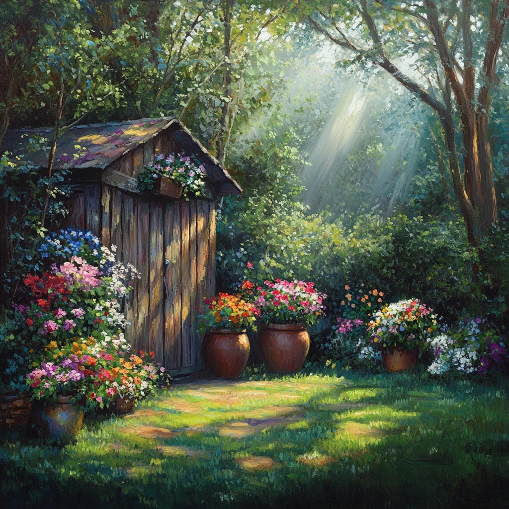 森林陽光中花團錦簇的寧靜花園小屋