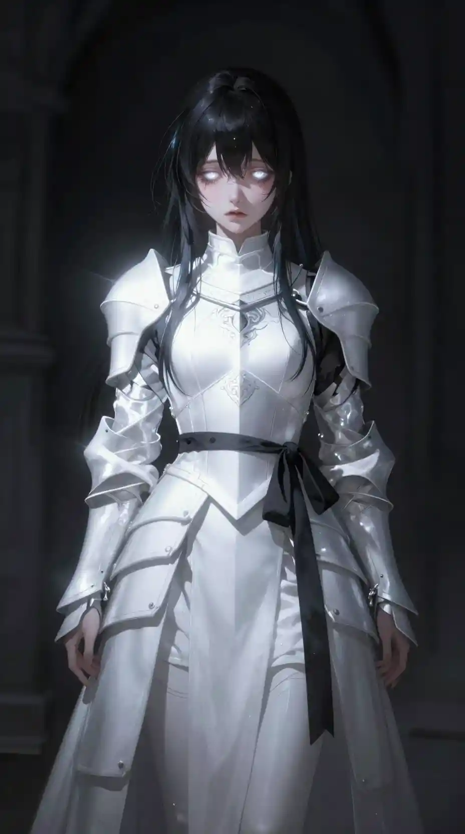 Sorrowful anime girl in white armor with glowing eyes