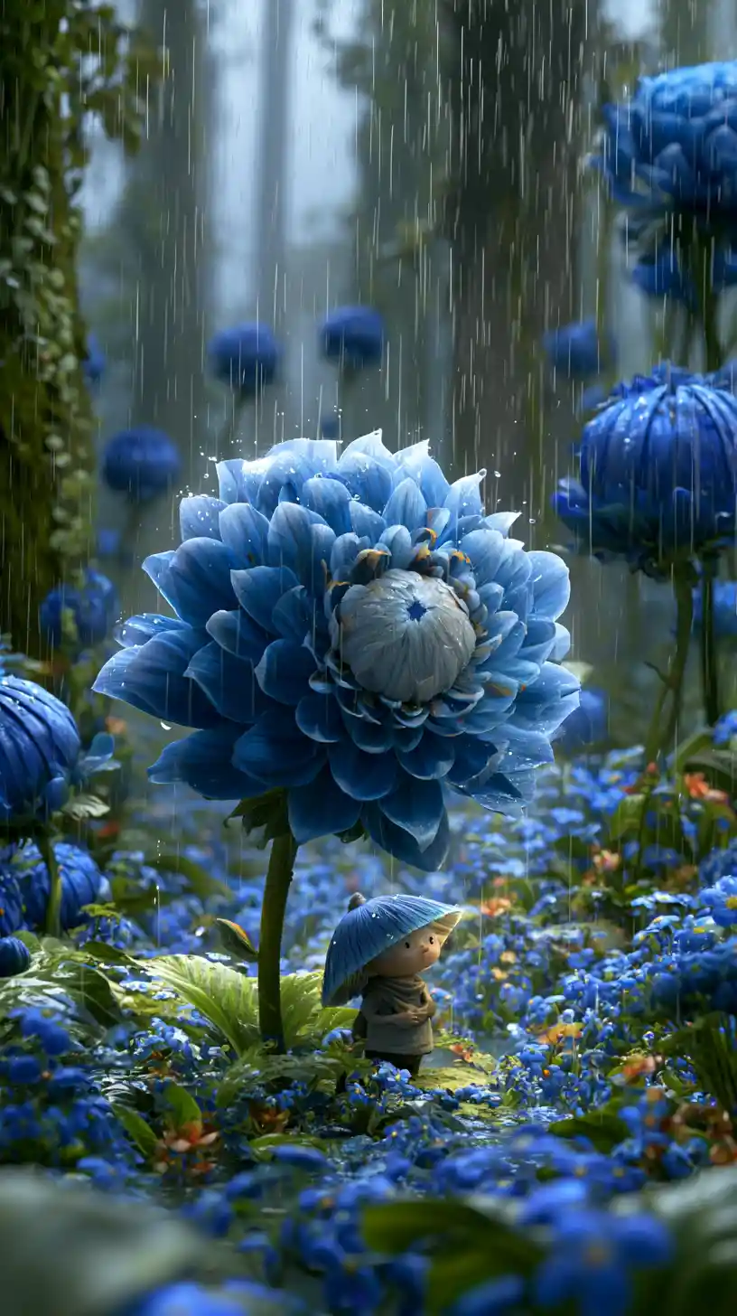 青い花の下で雨宿りする小さなファンタジー生物