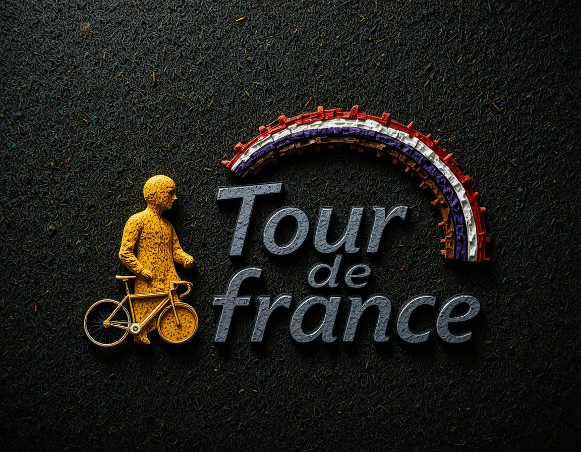 Yellow tour de france jersey logo with cyclist and ribbon