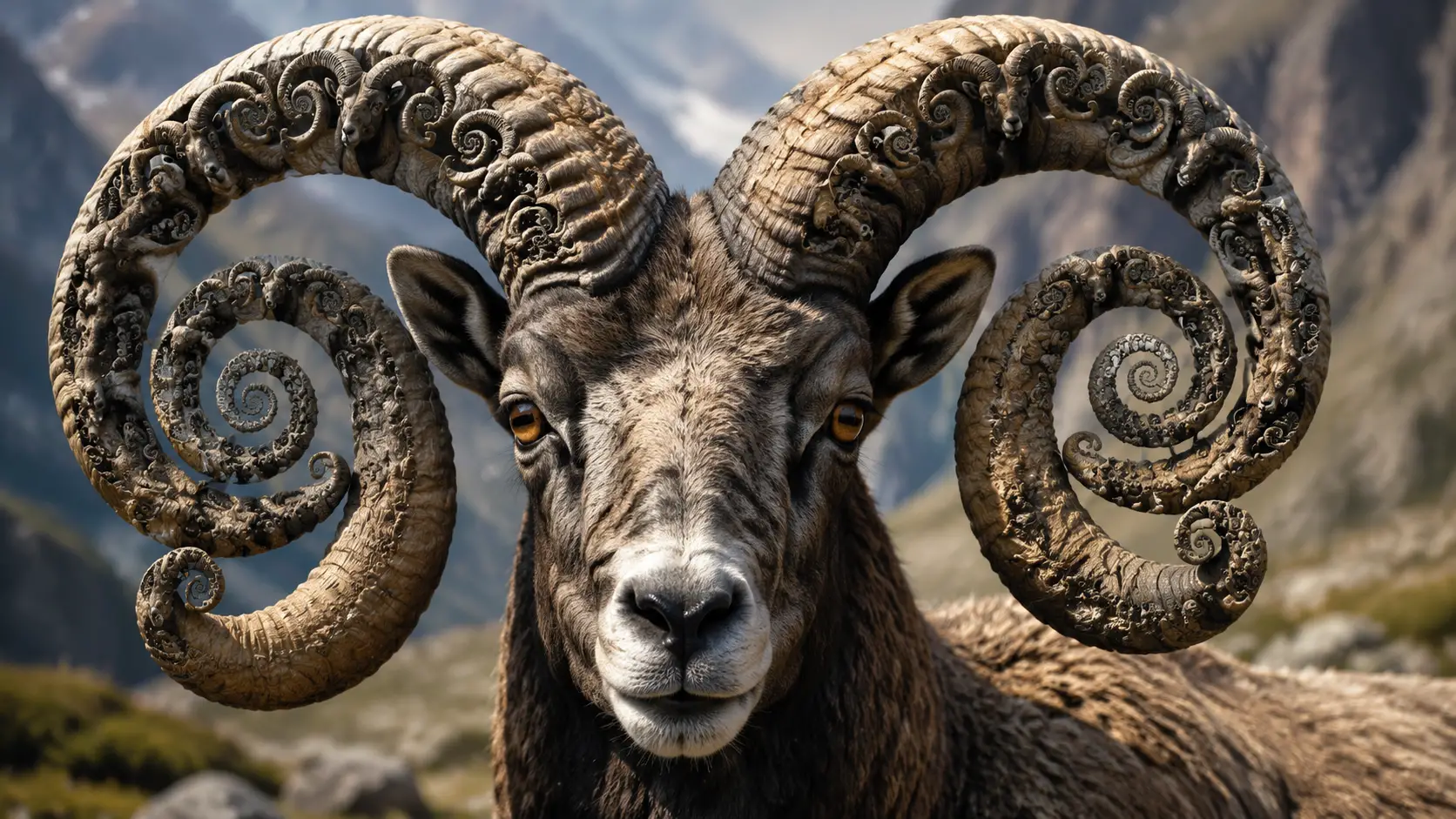 Fractal horned mountain ram with infinite curling patterns