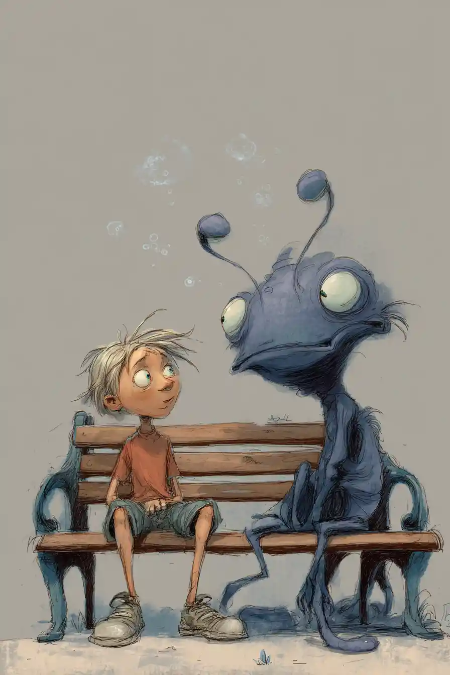 Child on park bench with fluffy imaginary cloud creature