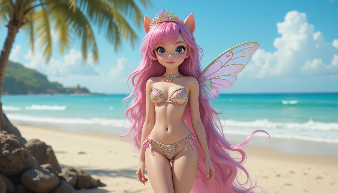 Joven con un diminuto bikini de pie en la playa