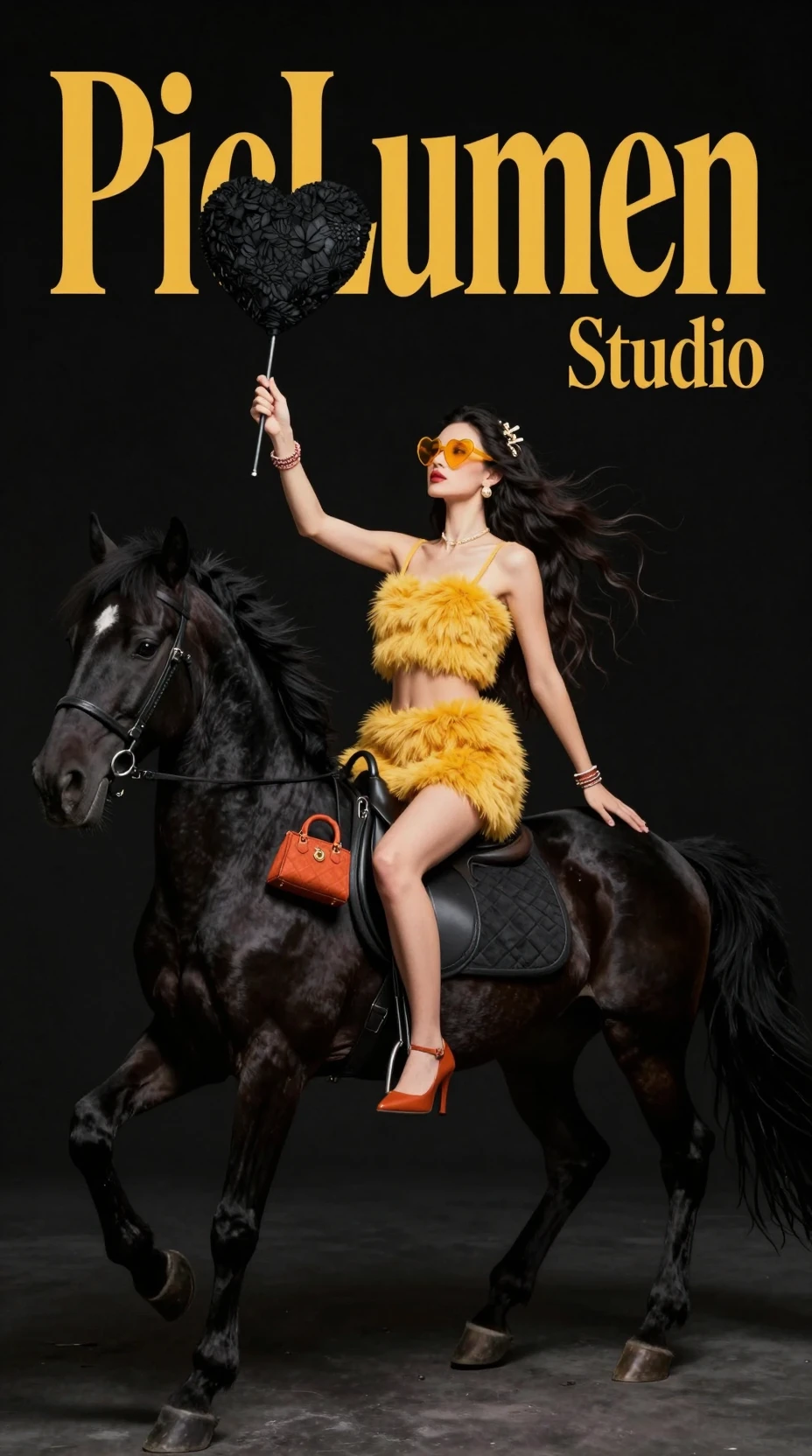 Mujer de moda surreal montando un caballo negro en un escenario oscuro