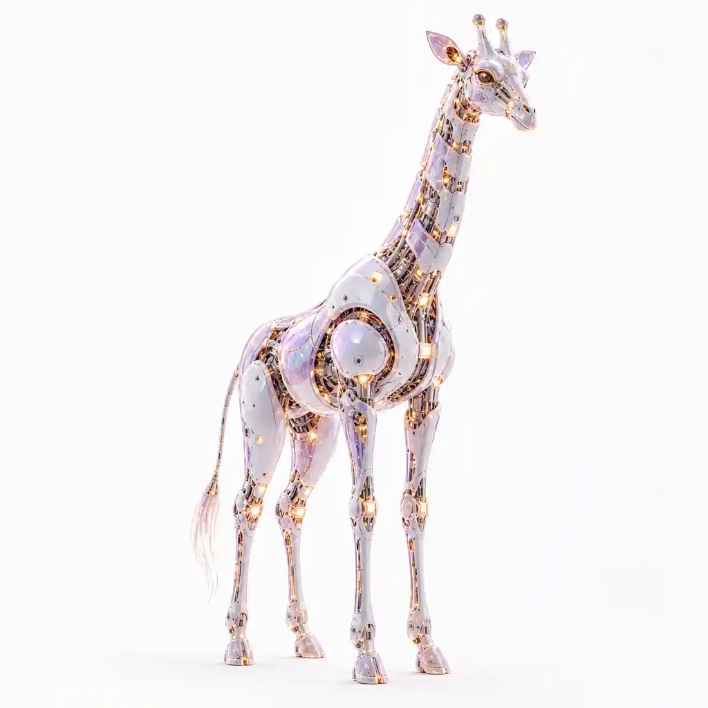 Majestätische biomechanische Giraffe im makellos weißen Studio