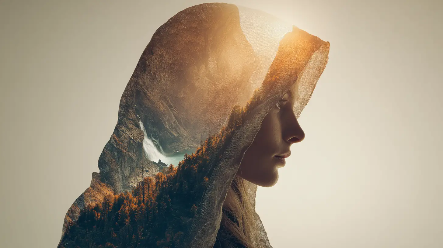 Hooded woman profile merging with hidden mountain valley
