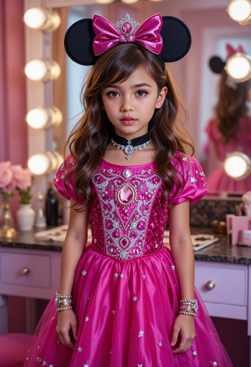 バスルームのドレッサーの前に立つピンクのミニーのドレスを着た少年