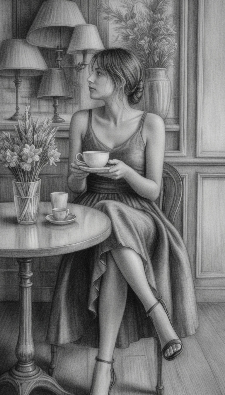 Joven mujer elegante sosteniendo un café en una escena de cafetería en grafito