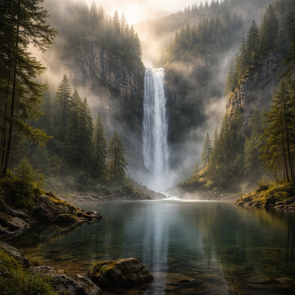 Cascada en un bosque neblinoso que cae en un lago tranquilo
