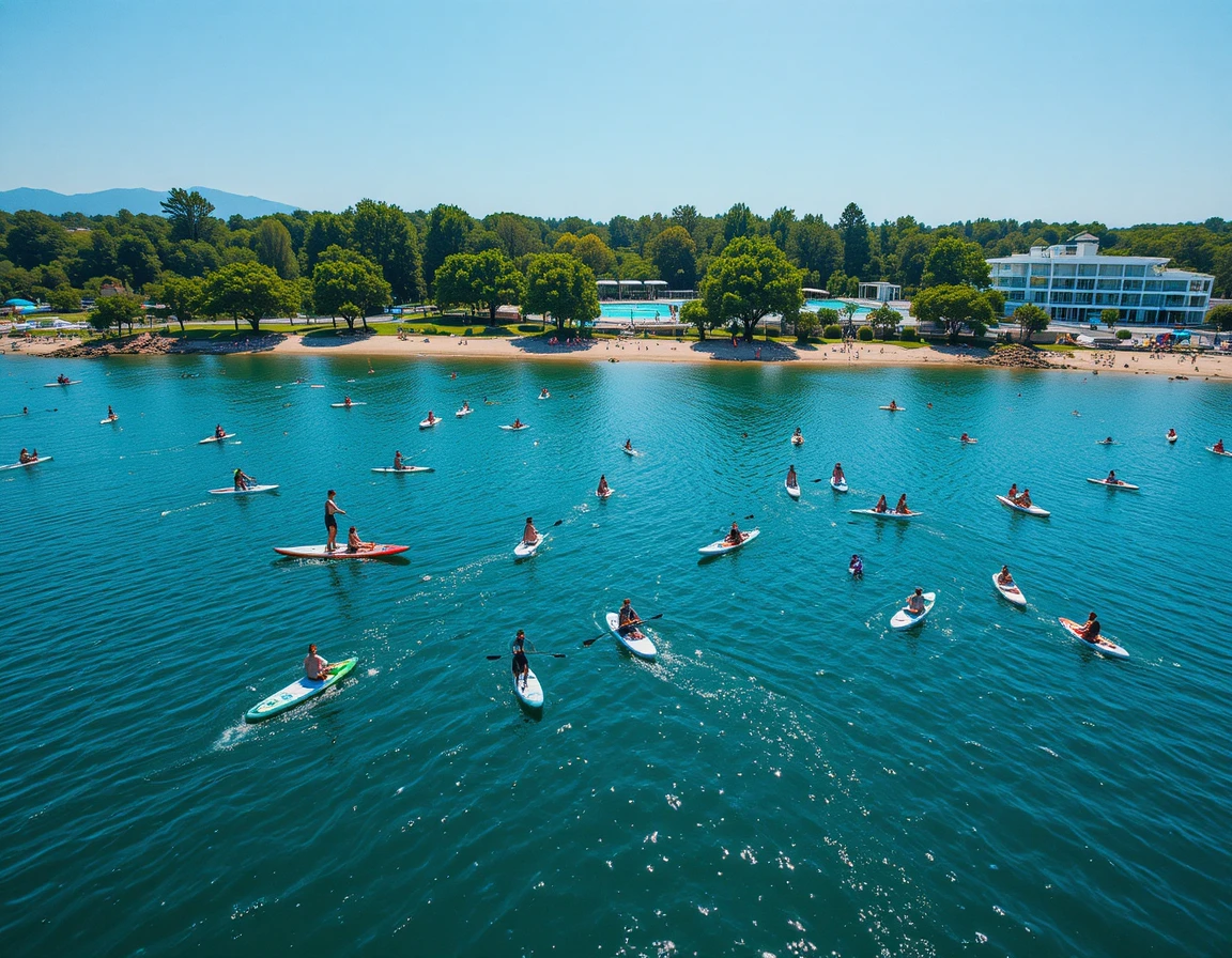 Vista aérea de personas practicando paddle surf en un lago de verano