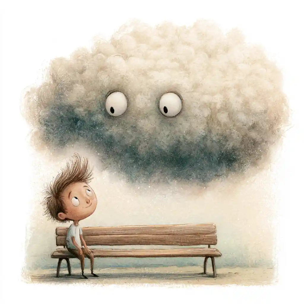 Dreamy watercolor child with fluffy cloud companion on bench