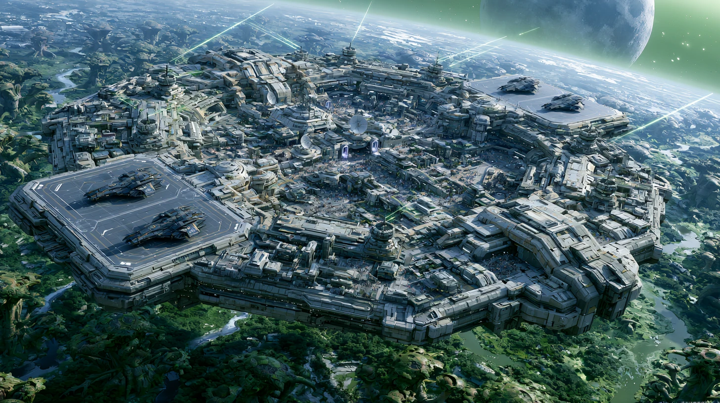 外星世界上的巨大科幻前線太空防禦基地