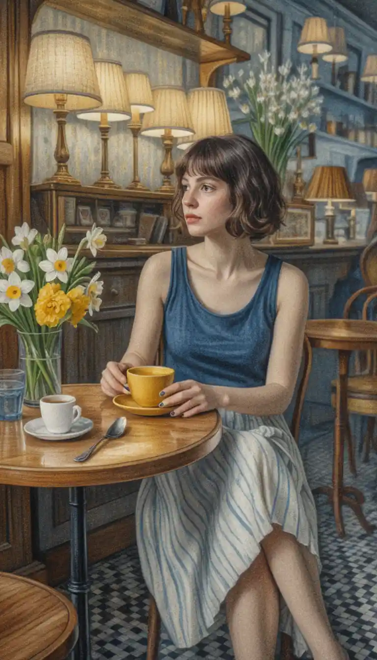 Woman with coffee in a vintage cafe drawing