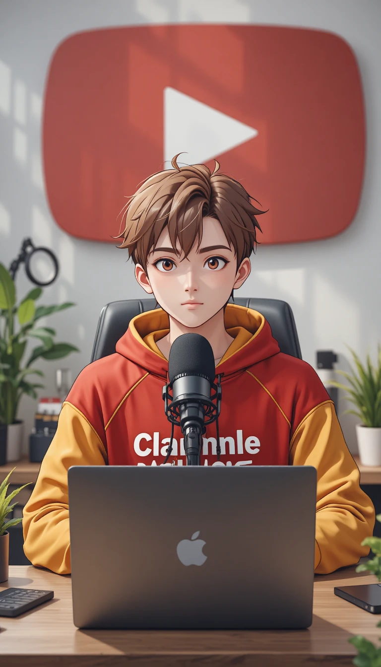 Streamer garoto de anime em mesa de computador com microfone