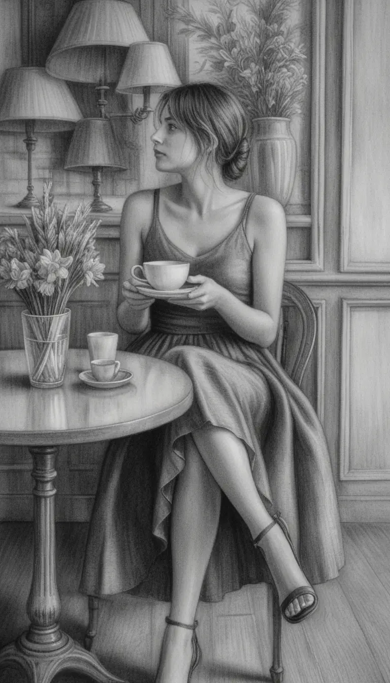 Elegant young woman holding coffee in graphite cafe scene