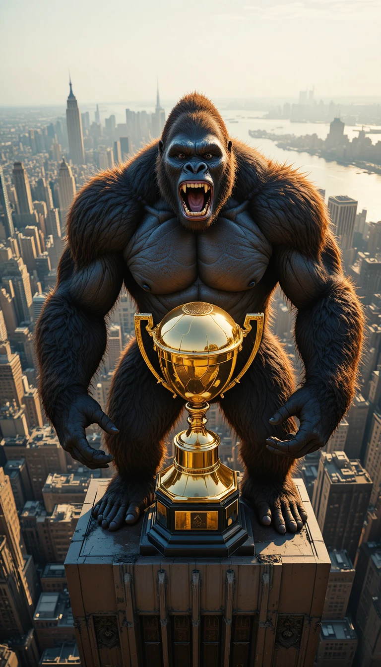 Gorila gigante con trofeo dorado sobre los rascacielos de Nueva York
