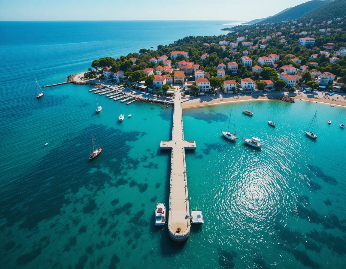 Vista aérea de un soleado puerto mediterráneo con muelle