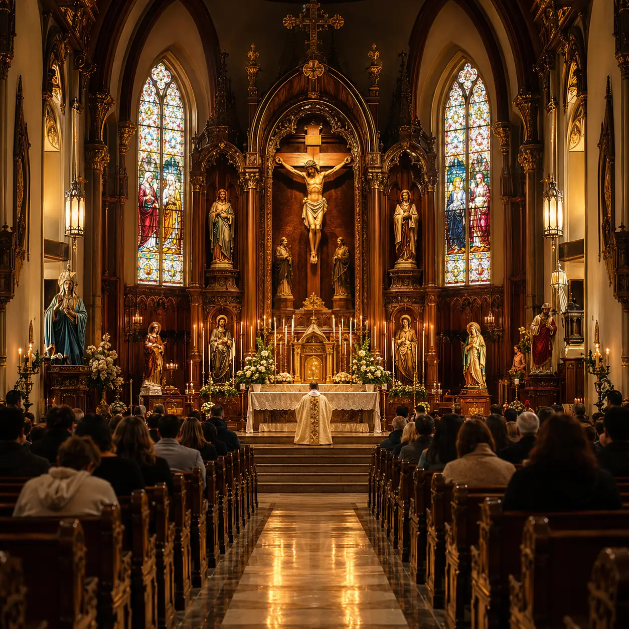Traditional catholic church sanctuary with worshippers at prayer
