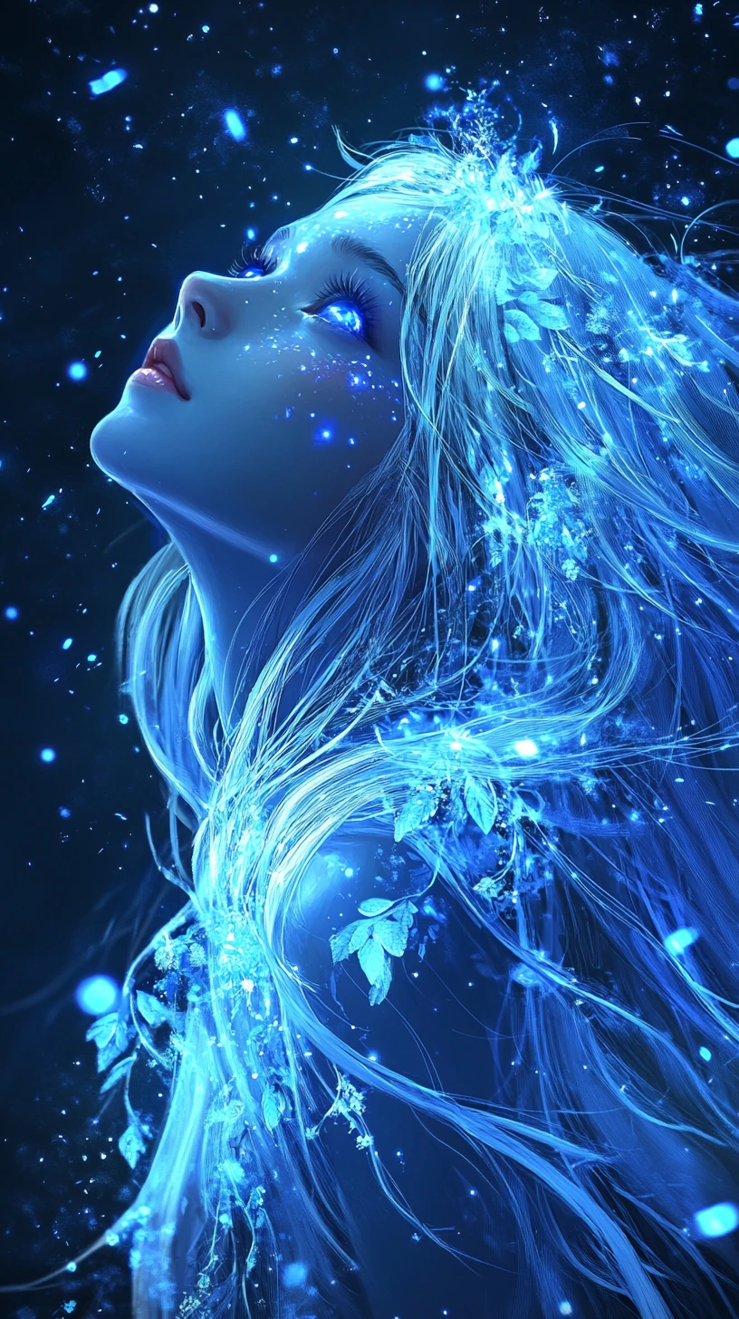 Chica de anime luminosa con cabello blanco brillante y estrellas
