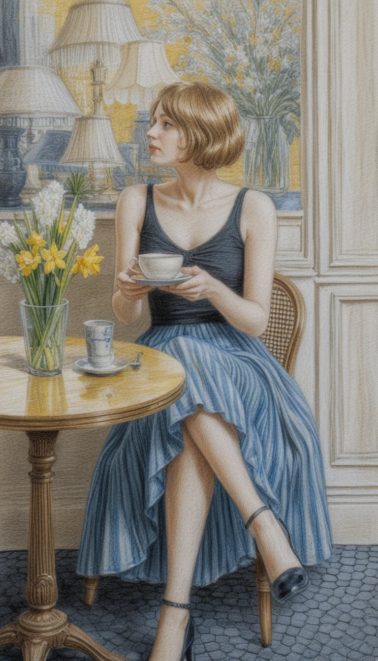 Joven mujer con café en un café vintage (dibujo)