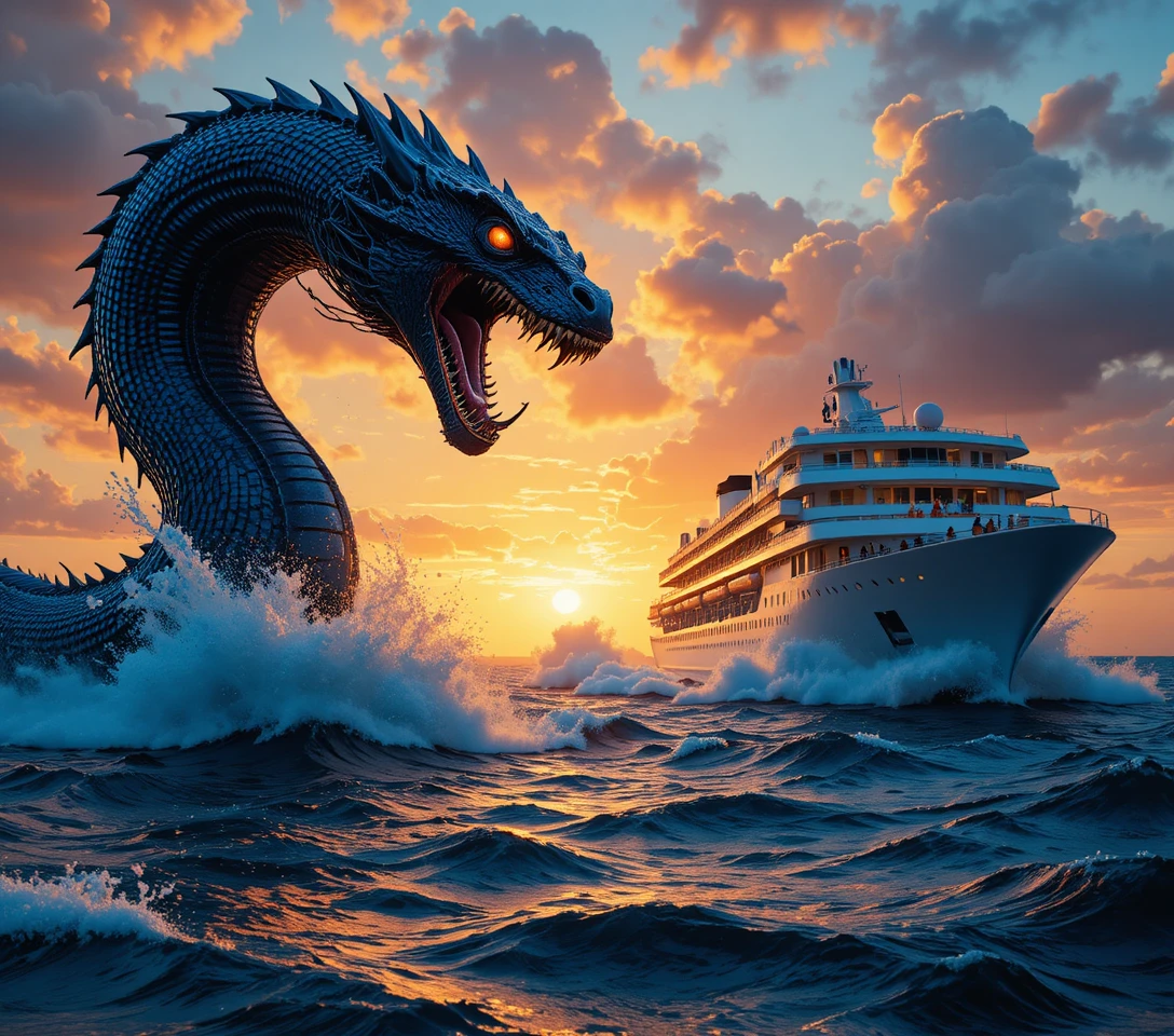 Seeschlange stellt sich Kreuzfahrtschiff bei leuchtendem Ozean-Sonnenuntergang