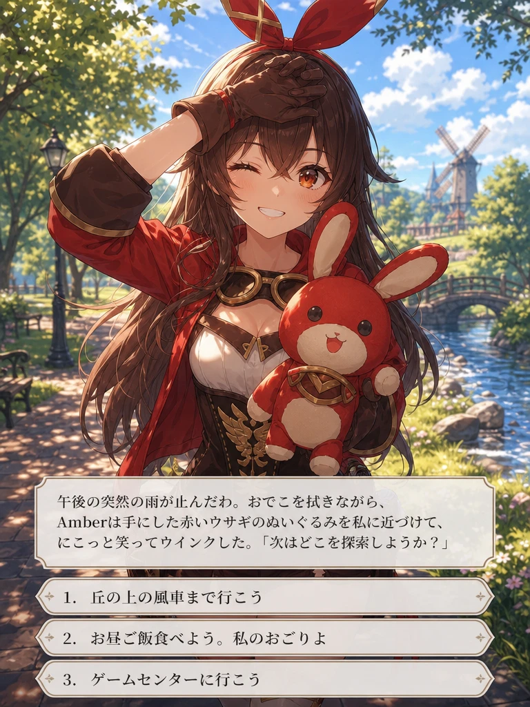 雨上がりの陽だまりの公園でほほ笑むアニメ少女