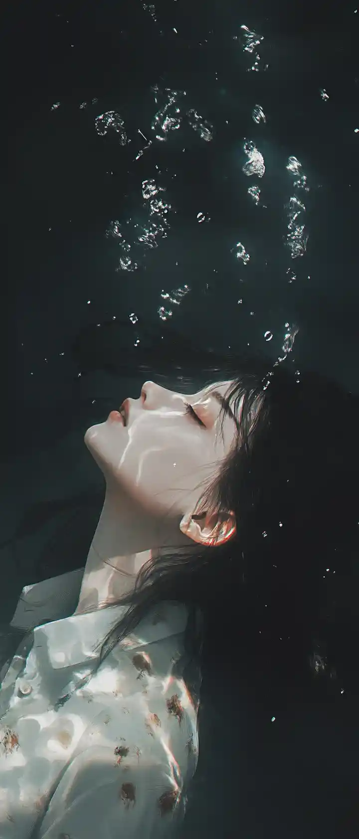 Ethereal Anime Woman Glowing Underwater In Darkness