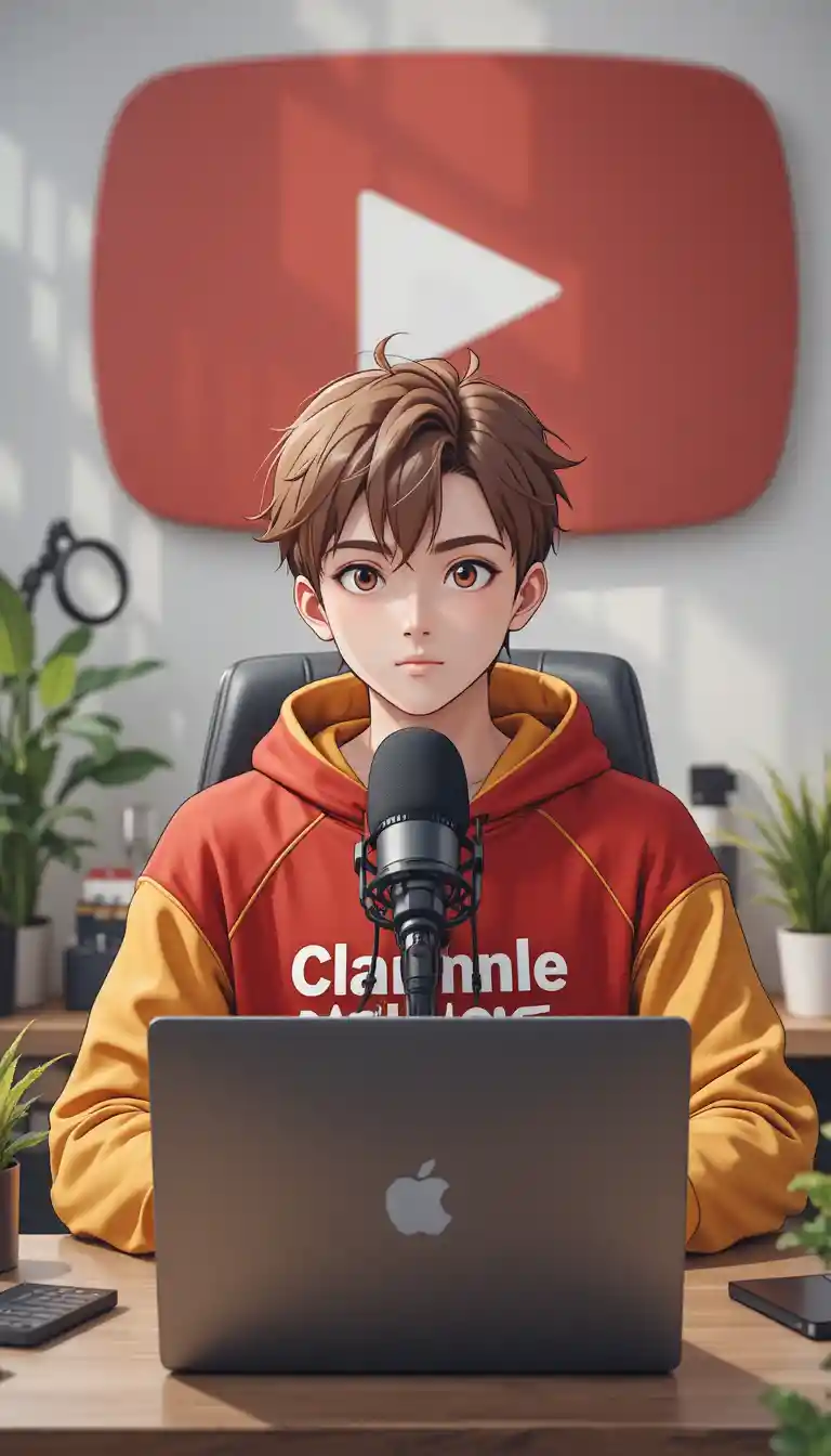 マイク付きパソコンデスクで配信するアニメ風少年ストリーマー