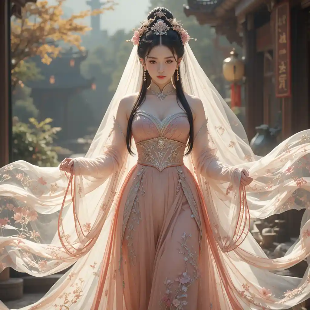 Linda garota de fantasia em hanfu transparente posando graciosamente