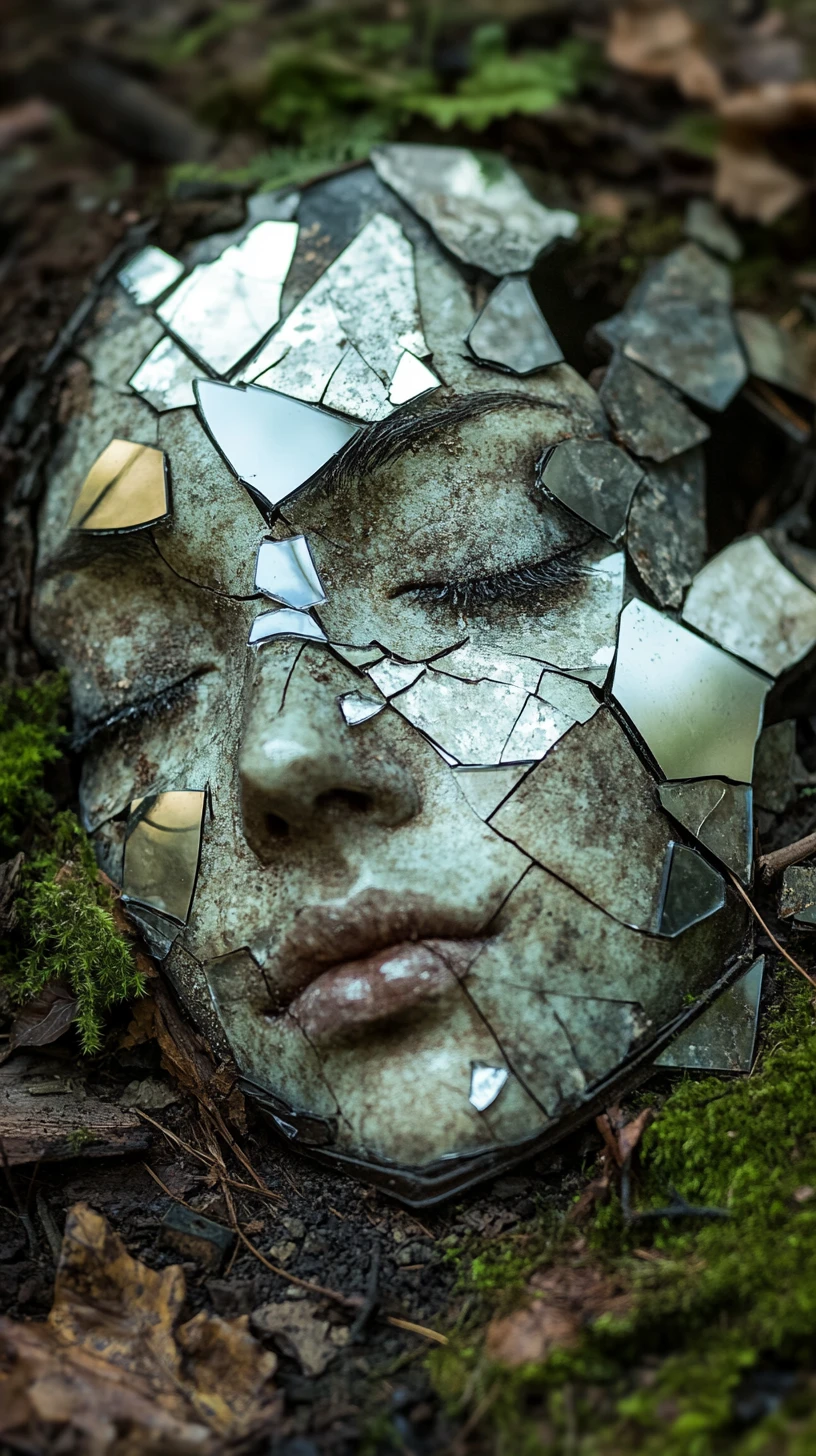 Espejo del bosque hecho añicos que refleja las cuatro estaciones en un solo rostro