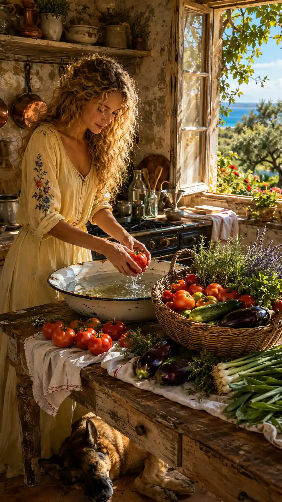 Mujer lavando verduras del huerto en cocina rústica de granja