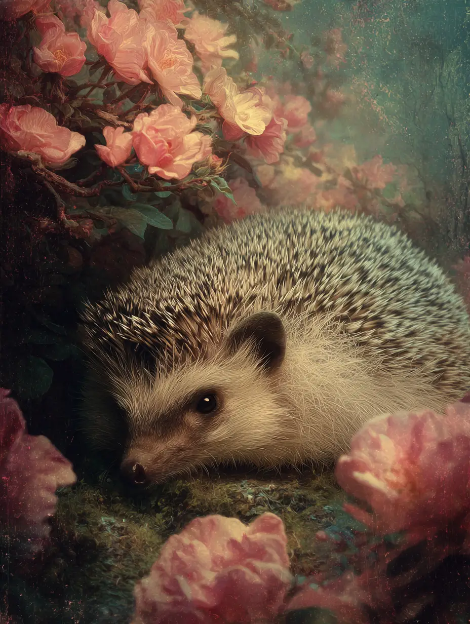 Moody Surreal Portrait Of A Grumpy Hedgehog Under Roses