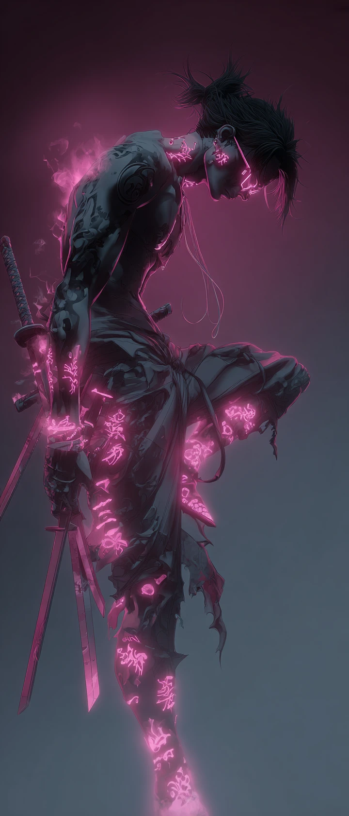 Guerrero cyberpunk con runas de neón sobre un campo de espadas