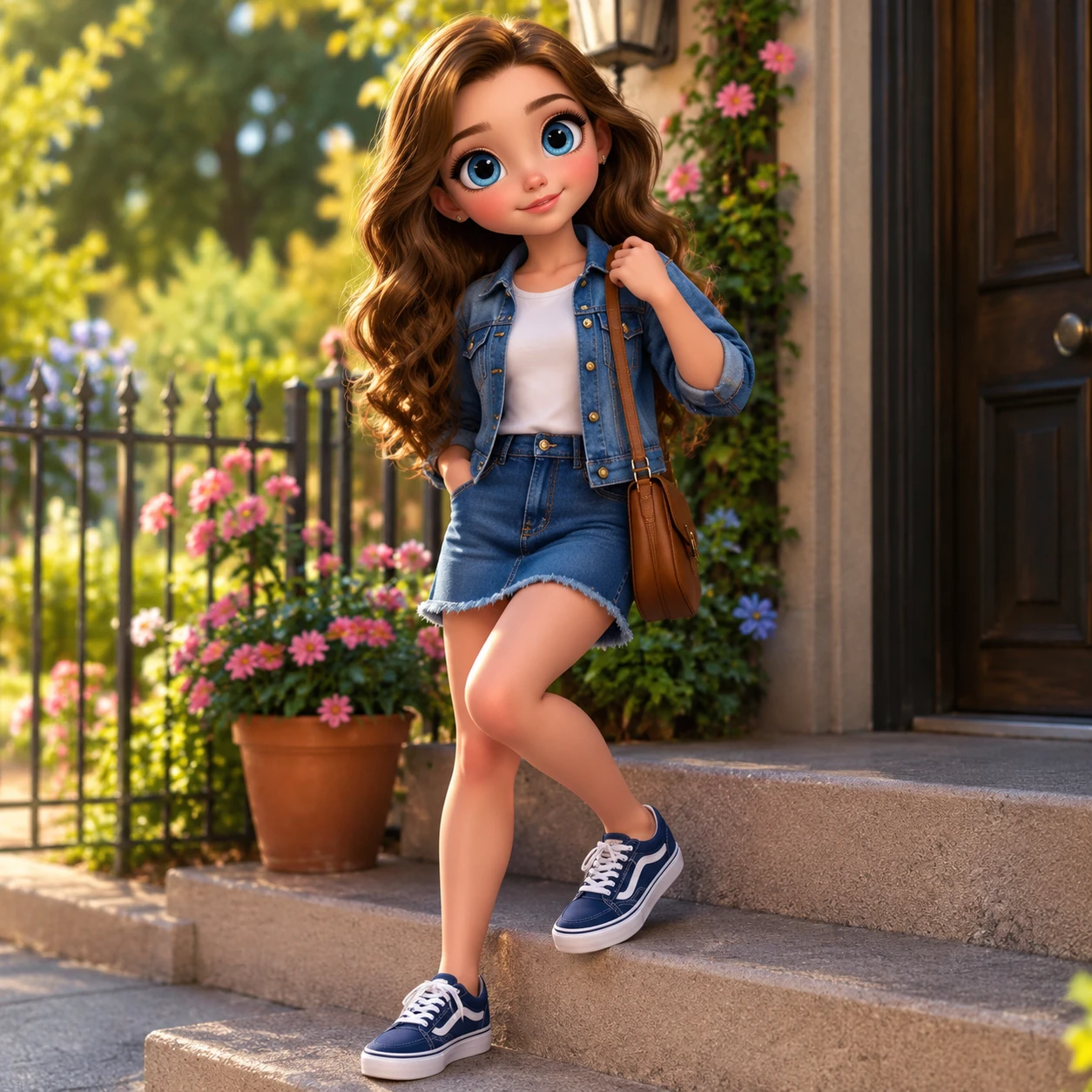 Chica 3D estilizada en una puerta de jardín con atuendo de mezclilla