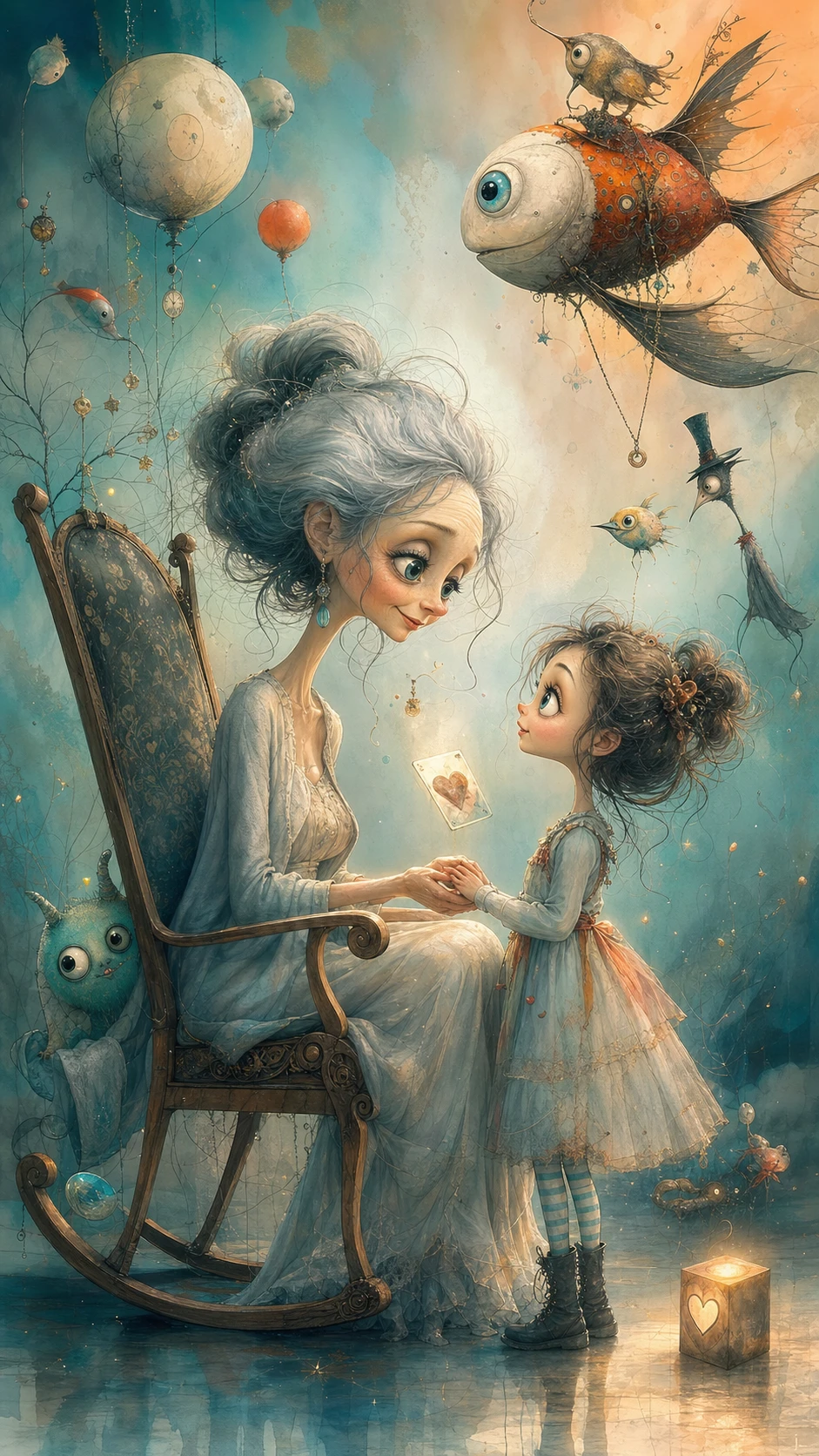 Grandmother And Child In A Whimsical Surreal Dreamscape