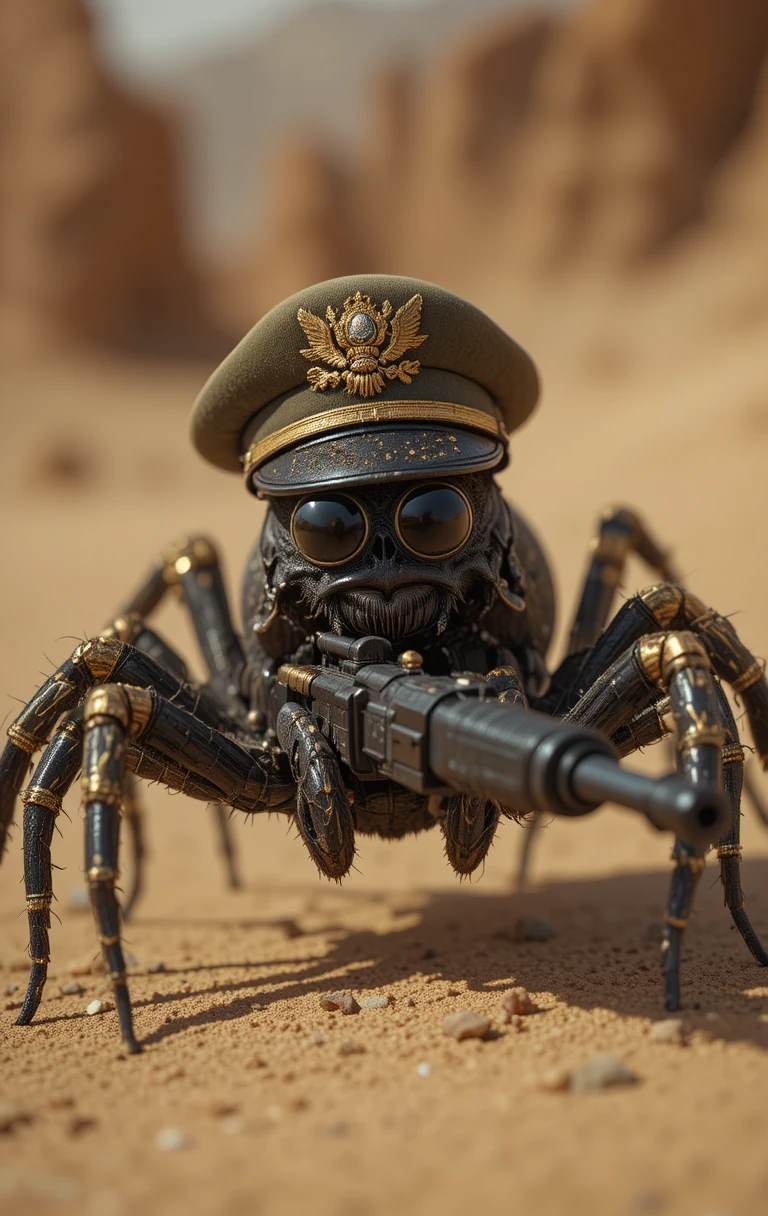 砂漠で銃を持つアーミー風のクモのイラスト