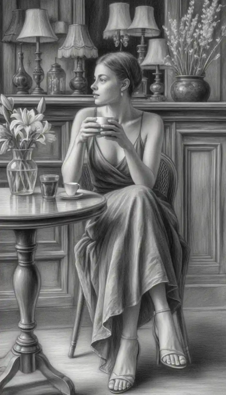 Illustrazione di donna elegante con caffè in un caffè in grafite