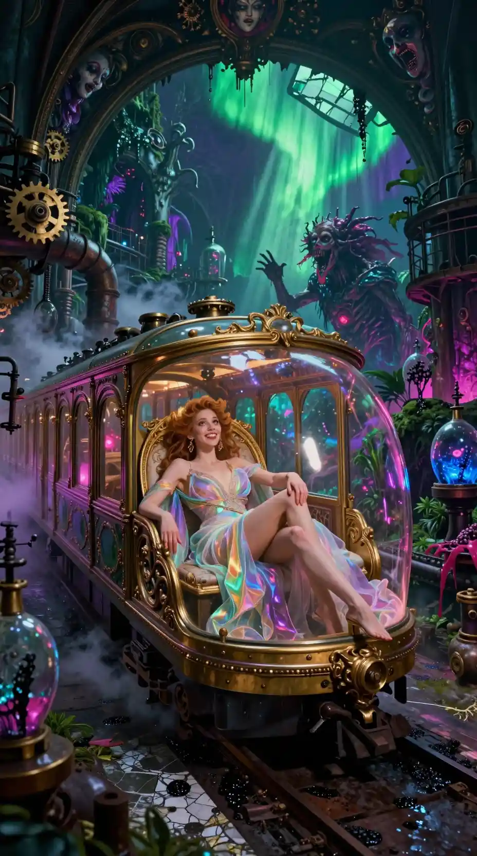 Elegant woman reclining in a luxurious train car