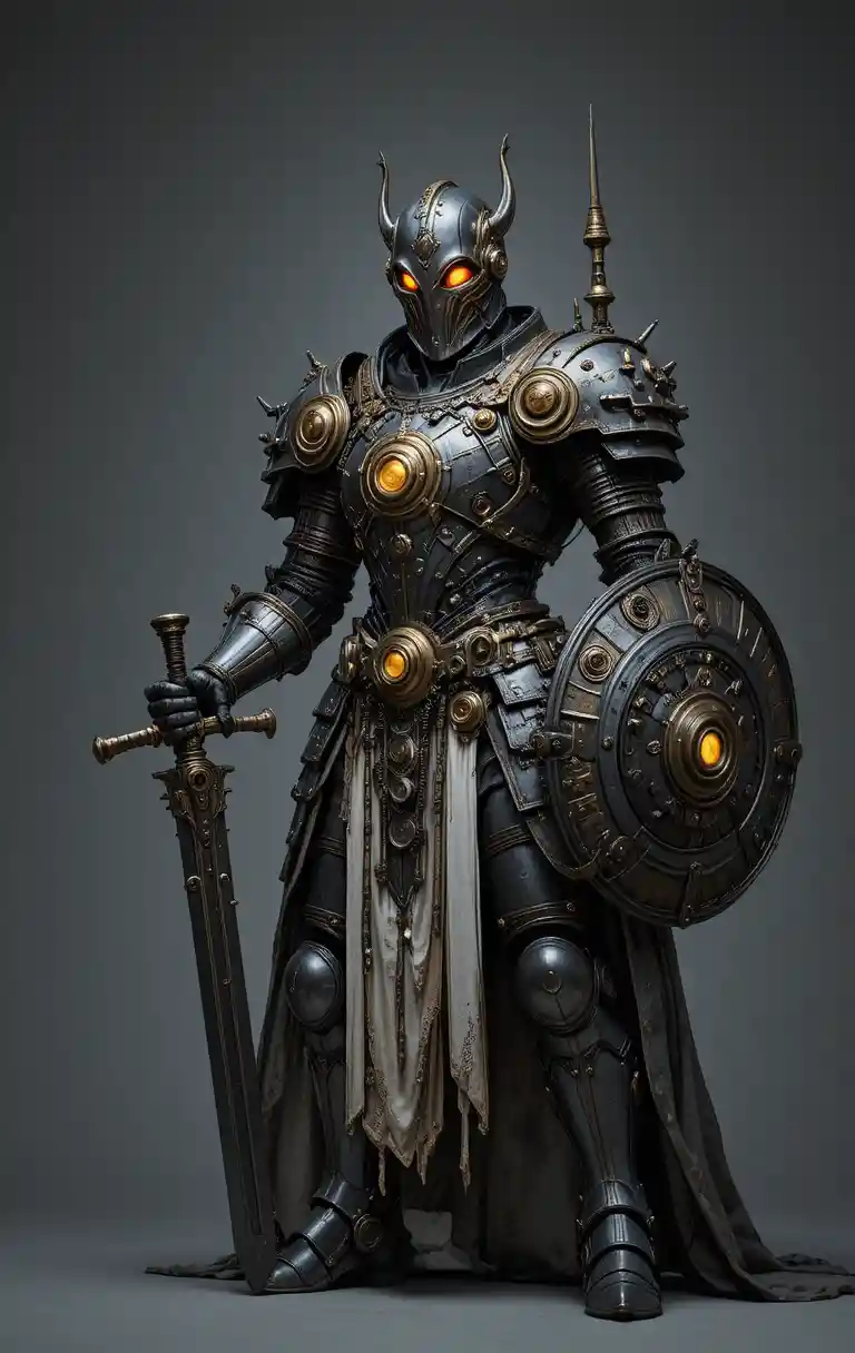 Steampunk Knight In Dark Metal Armor With Glowing Eyes