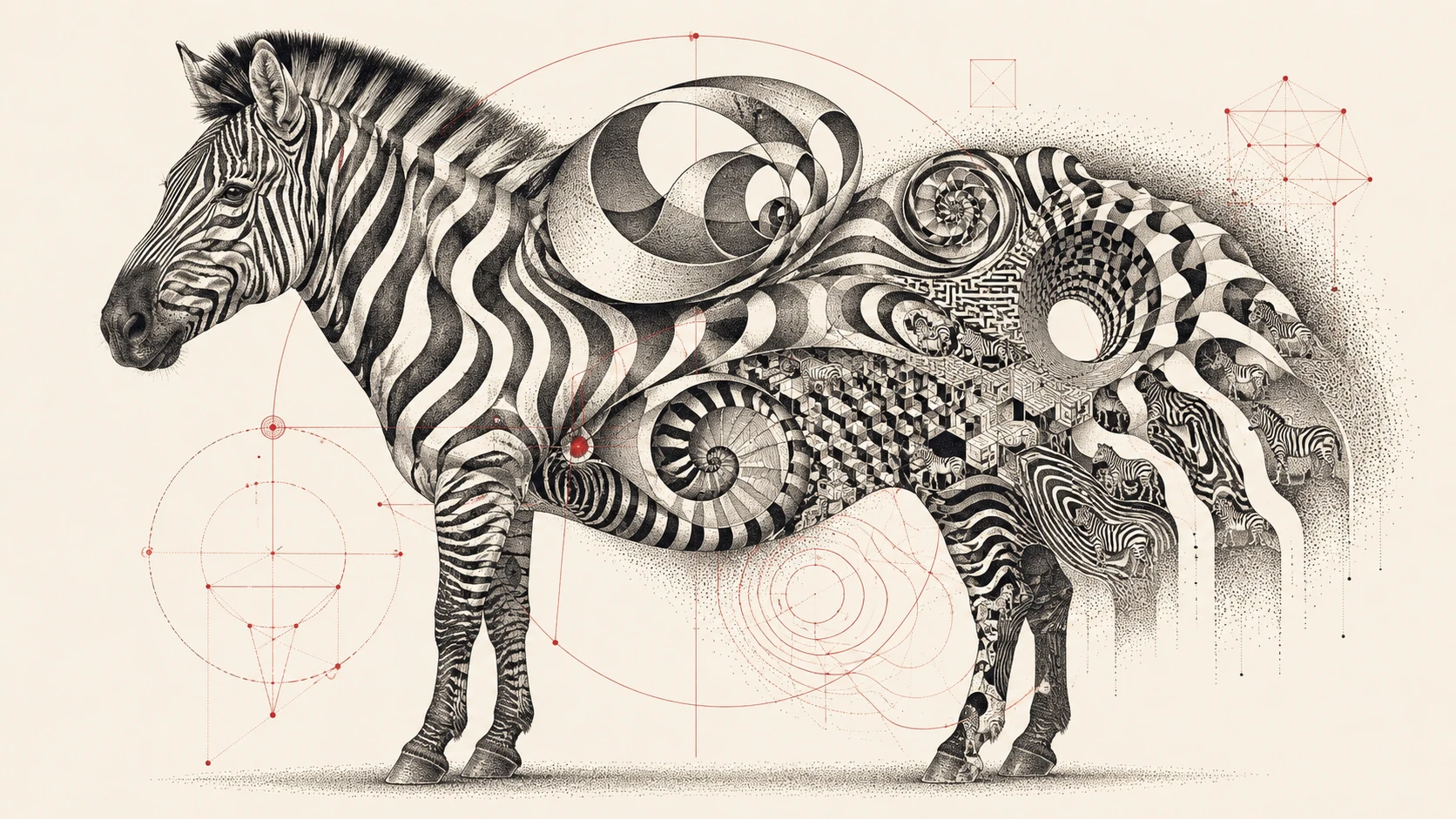 Zebra su sfondo minimalista con strisce geometriche surreali