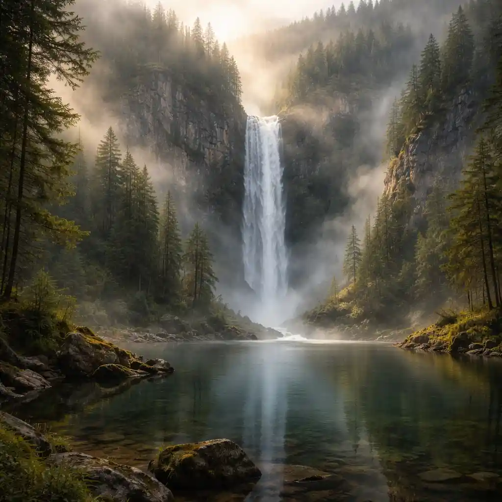 Misty forest waterfall pouring into a tranquil lake