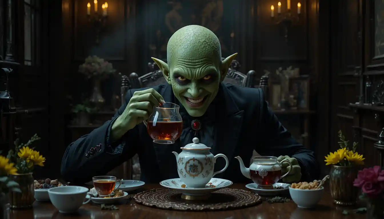 Green humanoid creature pouring tea in gothic room