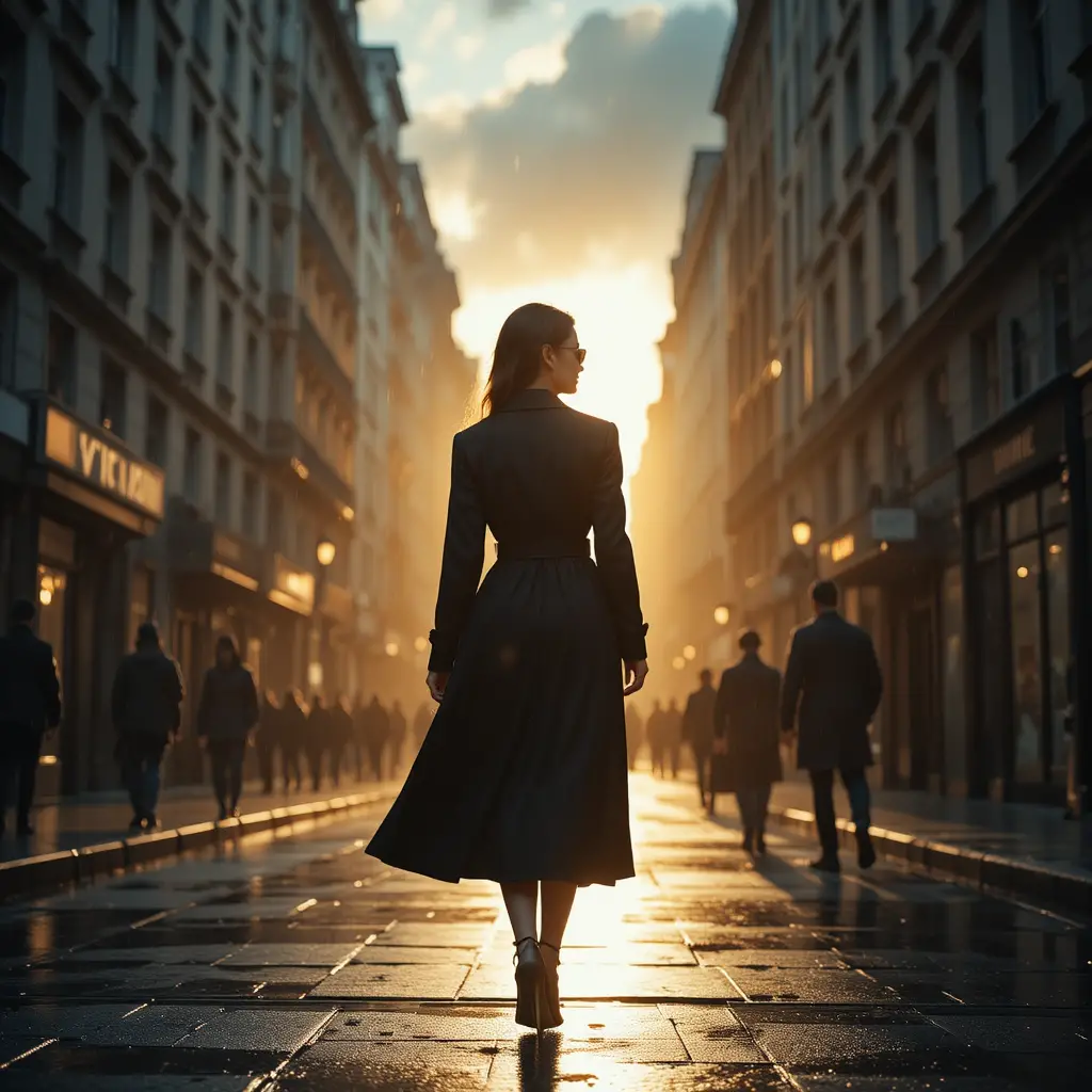 Confident woman walking alone on rainy city street