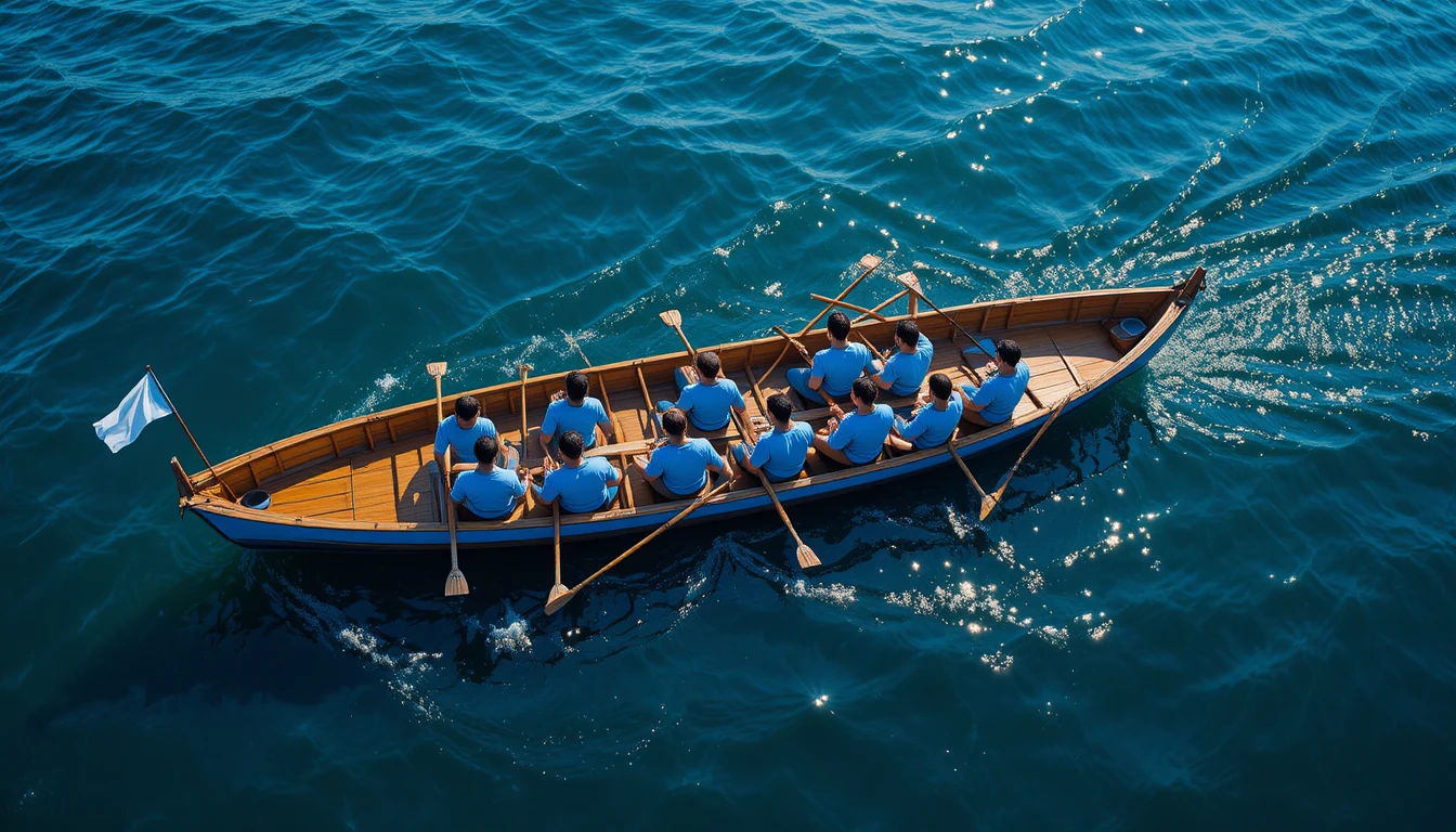 Ruderboot-Team rudert gemeinsam auf tiefblauem Meer