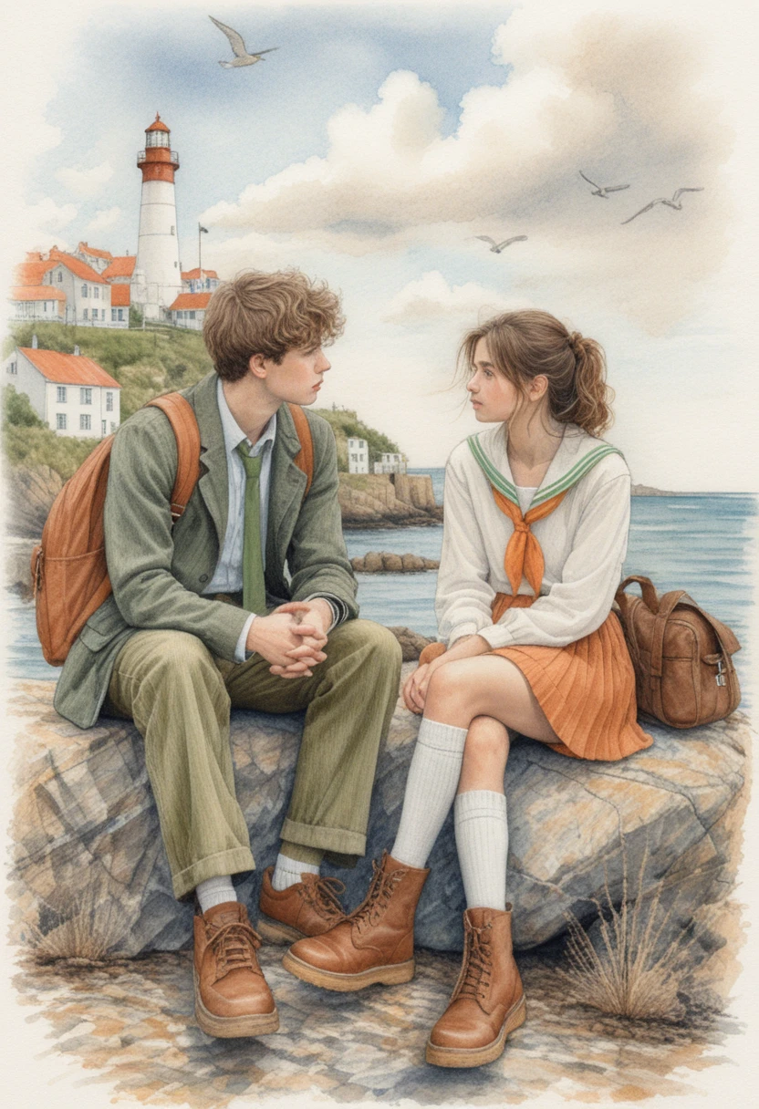 Teenage couple talking on a seaside rock illustration