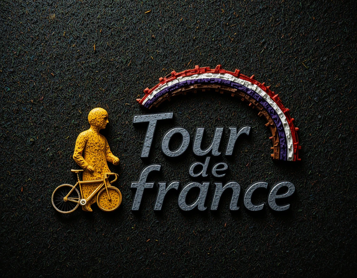 Yellow tour de france jersey logo with cyclist and ribbon