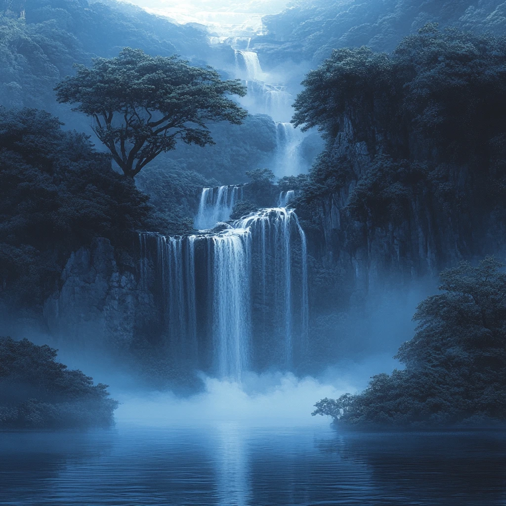 Cascada mística que desemboca en un lago forestal tranquilo
