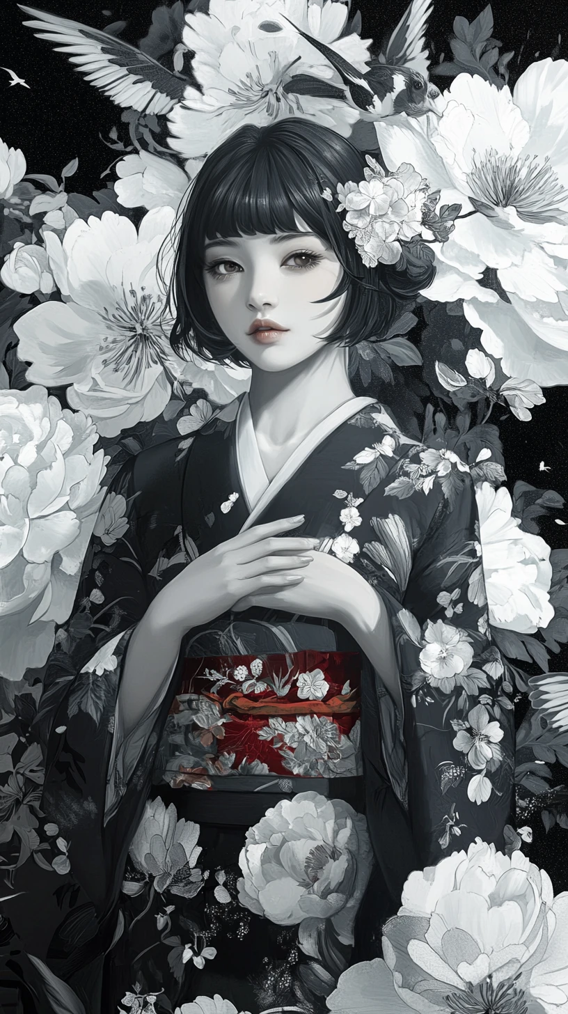 Retrato de mujer de anime elegante con kimono negro floral